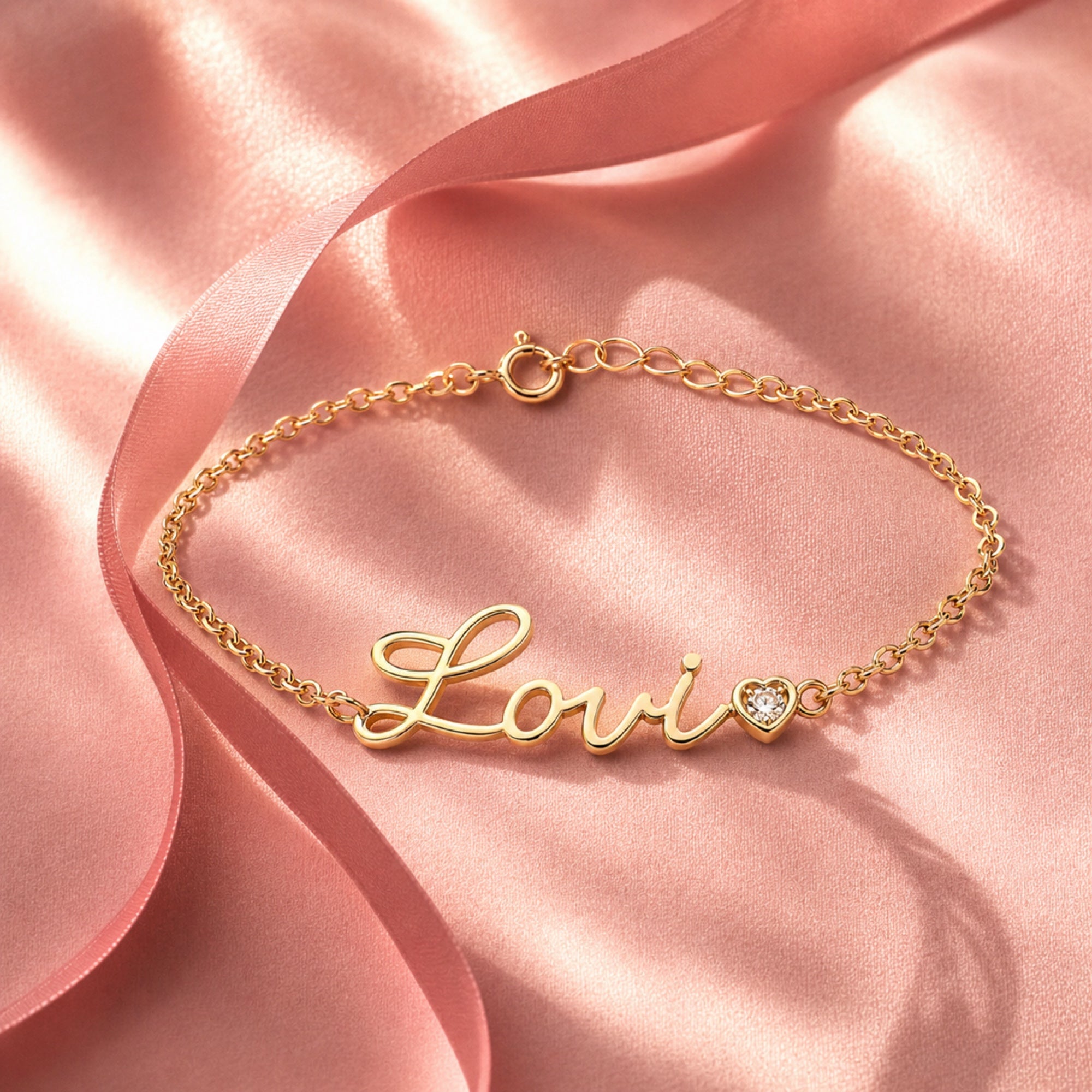 Gouden Lovi Baby bracelet op roze satijn